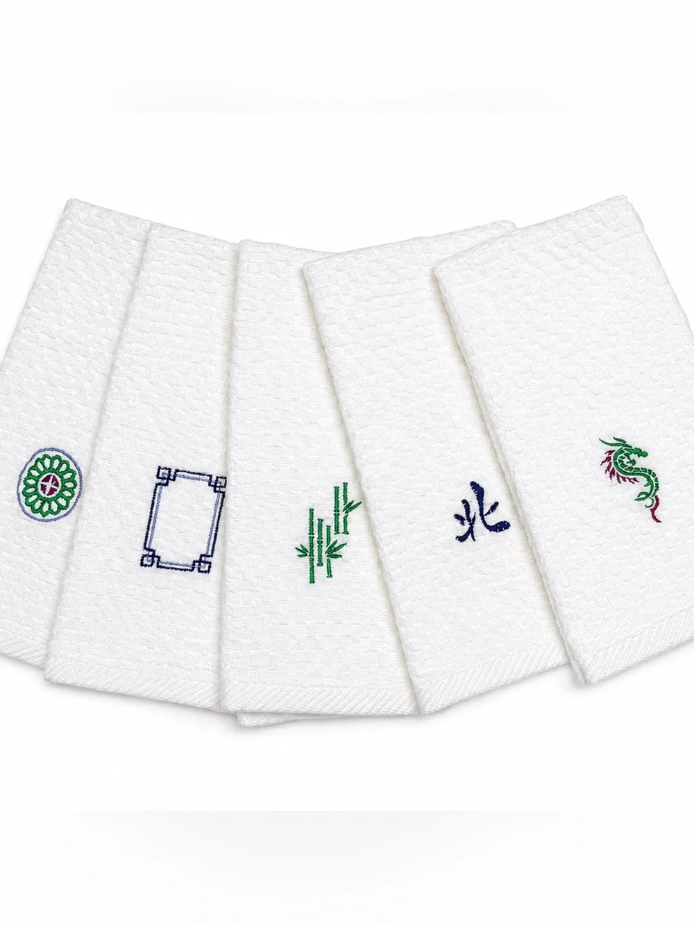 Mahjong White Embroidered Cotton Kitchen Towels - Set of 5 Decorative Towels